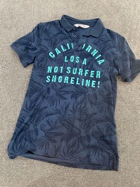 H&M Navy Polo with Teal Graphic Surf Text